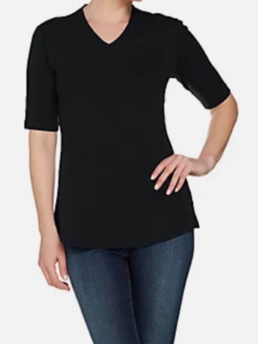 Isaac Mizrahi Live Essentials Women’s Medium Black Pima Cotton V-Neck Top NWOT